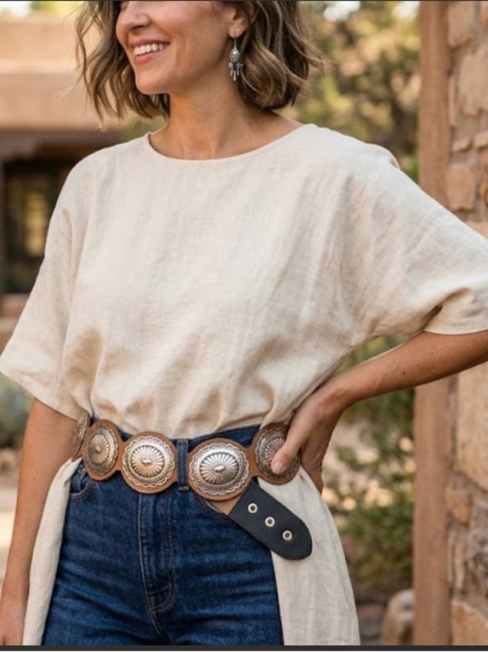 Chico's Concho Women's Brown Leather Wide Stretch Western Boho Belt